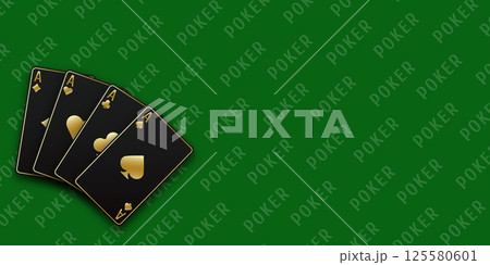 Hand fan of playing cards consisting of four black and golden Ace of Spades, Diamonds, Clubs, Hearts. Vector illustration poker and casino of all the aces on a green table background on left. 125580601