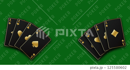 Green Poker table background. A hand fanned of playing cards consisting Ace of Spades, Diamonds, Clubs, Hearts. Vector illustration Poker of all the aces. 125580602