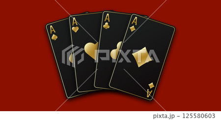 Red Poker or Casino table background. A hand fanned of playing cards consisting Ace of Spades, Diamonds, Clubs, Hearts. Vector illustration Casino of all the aces. 125580603