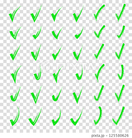 Brush hand drawn painted checkmarks set collection. Collection of hand doodle check marks ticks. Pencil green scribble sketches isolated on transparent background. Vector illustration. 125580626