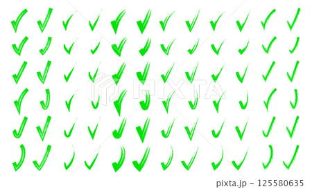 Brush hand drawn painted checkmarks set collection. Collection of hand doodle check marks ticks. Pencil green scribble sketches isolated on white background. Vector illustration. 125580635