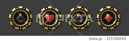 Set of red and black poker chips. Gambling tokens with suits for poker and casino. Diamonds, clubs, hearts, spades chips. Vector illustration. For game design, advertising web banner and poster. Set of red and black poker chips. Gambling tokens with suits for poker and casino. Diamonds, clubs, hearts, spades chips. Vector illustration. For game design, advertising web banner and poster. 125580648