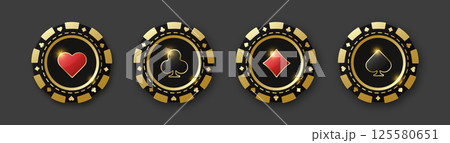 Set of red and black poker chips. Gambling tokens with suits for poker and casino. Diamonds, clubs, hearts, spades chips. Vector illustration. For game design, advertising web banner and poster. Set of red and black poker chips. Gambling tokens with suits for poker and casino. Diamonds, clubs, hearts, spades chips. Vector illustration. For game design, advertising web banner and poster. 125580651