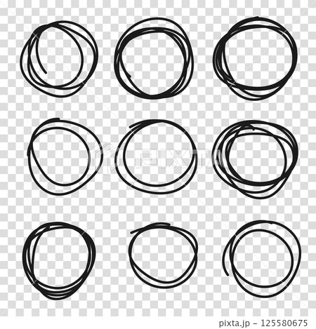 Hand drawn circle or oval line sketch set. Hand drawing circular scribble doodle round circles. Vector illustration for message note mark design element on a transparent background. 125580675