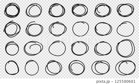 Hand drawn circle or oval line sketch set. Hand drawing circular scribble doodle round circles. Vector illustration for message note mark design element on a transparent background. 125580681