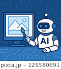 AIが画像を生成する構図｜モニターに描かれた風景とロボットのイラスト 125580691