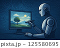 AIが画像を生成する構図｜リアルタッチのロボットとデジタルアート制作の場面 125580695