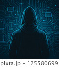 サイバー空間に立つフード姿の人物｜電子回路背景と後ろ姿のシルエット 125580699