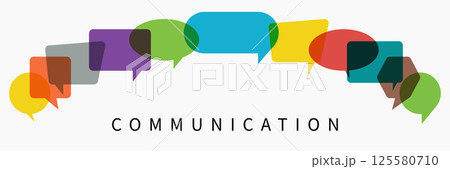 Communication. Word with colorful multi colored dialog speech bubbles. Flat illustration of communication concept on white isolated background. People with idea in business network. Communication. Word with colorful multi colored dialog speech bubbles. Flat illustration of communication concept on white isolated background. People with idea in business network. 125580710