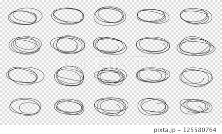 Vector abstract hand drawn pencil set scribble ellipses and ovals. Hand drawn abstract grunge frames and borders elements. Doodle sketched highlight circles or rings. Black pen drawing. 125580764