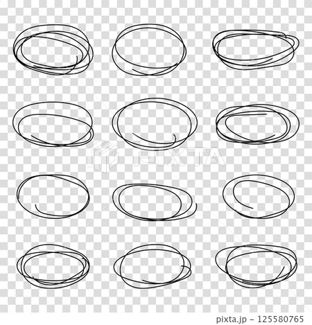Set of hand drawn black circles and ovals. Highlight circle frames. Ellipses in doodle style. Vector illustration isolated on white background. 125580765