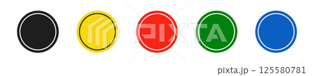 Set of round black, yellow, red, green and blue road signs. Vector illustration of icons for warning about the situation on the road. White isolated background. Set of round black, yellow, red, green and blue road signs. Vector illustration of icons for warning about the situation on the road. White isolated background. 125580781