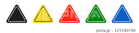 Set of triangular black, yellow, red, green and blue road signs. Vector illustration of icons for warning about the situation on the road. White isolated background. 125580790