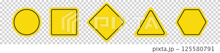 Set of round, square, rhombic, triangular and hexagonal yellow road signs. Vector illustration of icons for warning about the situation on the road. Transparent isolated background. Set of round, square, rhombic, triangular and hexagonal yellow road signs. Vector illustration of icons for warning about the situation on the road. Transparent isolated background. 125580791