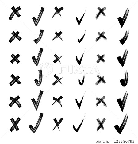 Yes and no. Brush hand drawn doodle checkmarks and crosses set collection. Pencil hand drawn checkmarks and little crosses. Scribble, pen sketches. Vector illustration Yes and no. Brush hand drawn doodle checkmarks and crosses set collection. Pencil hand drawn checkmarks and little crosses. Scribble, pen sketches. Vector illustration 125580793