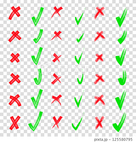 Yes and no. Red and green shape. Brush hand drawn doodle checkmarks and crosses set collection. Scribble, pen sketches. Pencil hand drawn checkmarks and little crosses. Transparent background. 125580795