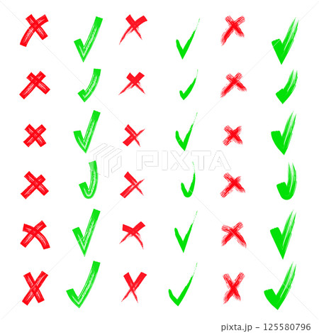 Yes and no. Red and green shape. Brush hand drawn doodle checkmarks and crosses set collection. Scribble, pen sketches. Pencil hand drawn checkmarks and little crosses. 125580796