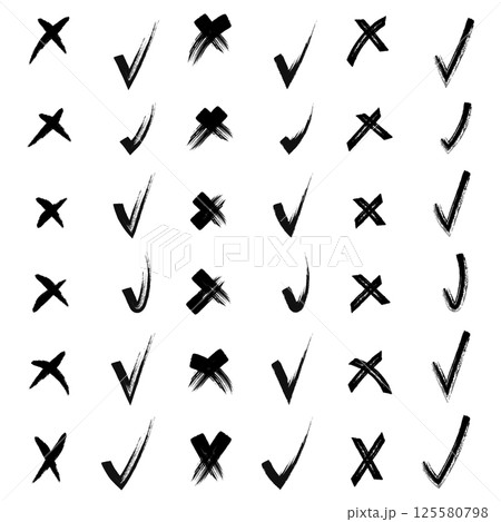 Yes and no. Brush hand drawn doodle checkmarks and crosses set collection. Scribble, pen sketches. Vector illustration. Pencil hand drawn checkmarks and little crosses. Yes and no. Brush hand drawn doodle checkmarks and crosses set collection. Scribble, pen sketches. Vector illustration. Pencil hand drawn checkmarks and little crosses. 125580798