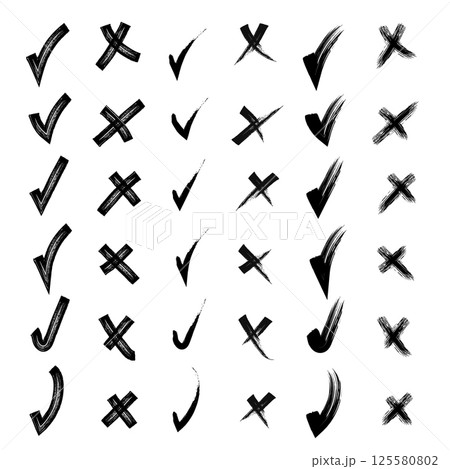Yes and no. Brush hand drawn doodle checkmarks and crosses set collection. Scribble, pen sketches. Vector illustration. Pencil hand drawn checkmarks and little crosses. Yes and no. Brush hand drawn doodle checkmarks and crosses set collection. Scribble, pen sketches. Vector illustration. Pencil hand drawn checkmarks and little crosses. 125580802