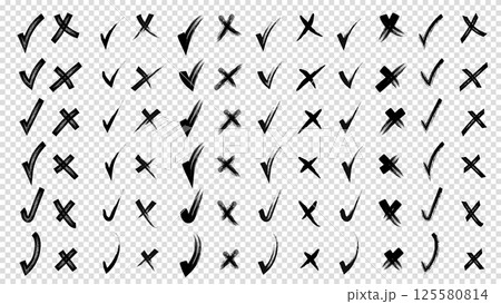 Brush hand drawn doodle checkmarks and crosses set collection. Scribble, pen sketches. Pencil hand drawn checkmarks and little crosses. Yes and no. Transparent background. Brush hand drawn doodle checkmarks and crosses set collection. Scribble, pen sketches. Pencil hand drawn checkmarks and little crosses. Yes and no. Transparent background. 125580814