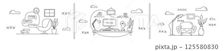 Set of freelancer organization concept. Outline home workplace. Benefits of remote work and limitations. Scene of work organization, home workflow improvement. Abstract vector business concept. Set of freelancer organization concept. Outline home workplace. Benefits of remote work and limitations. Scene of work organization, home workflow improvement. Abstract vector business concept. 125580830