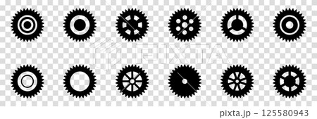 Collection of mechanical cogwheels. Gears icon set. Setting gears icon. Vector illustration with black silhouettes sprocket icons or signs design element. Transparent isolated background. Collection of mechanical cogwheels. Gears icon set. Setting gears icon. Vector illustration with black silhouettes sprocket icons or signs design element. Transparent isolated background. 125580943