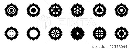 Black gear icon set. Machine sprocket gear icons. Flat design. Vector cogwheel sign symbol on a white background. 125580944