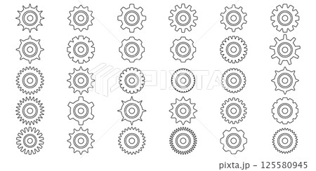 Gears icon set. Setting gears icon. Collection of mechanical outline cogwheels. Simple Gear wheel collection. Gear icons silhouette. illustration with cogwheels sign set on white background. Gears icon set. Setting gears icon. Collection of mechanical outline cogwheels. Simple Gear wheel collection. Gear icons silhouette. illustration with cogwheels sign set on white background. 125580945