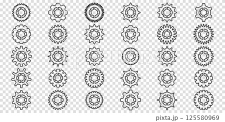 Simple Gear wheel collection. Cogwheel. Gears icon outline set. Setting gears icon. Machine gear icon vector set. Gear icons. Different style icons set. Vector illustration on a transparent 125580969
