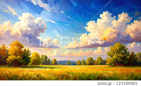 雲と光が踊る草原と空の絵画風イラスト3 雲と光が踊る草原と空の絵画風イラスト3 125580985