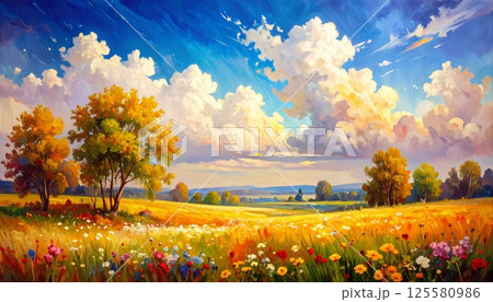 雲と光が踊る草原と空の絵画風イラスト1 125580986