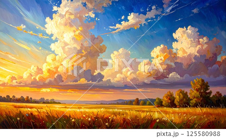 雲と光が踊る草原と空の絵画風イラスト2 雲と光が踊る草原と空の絵画風イラスト2 125580988