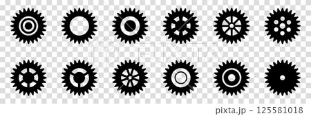 Collection of mechanical cogwheels. Gears icon set. Setting gears icon. Vector illustration with black silhouettes sprocket icons or signs design element. Transparent isolated background. 125581018