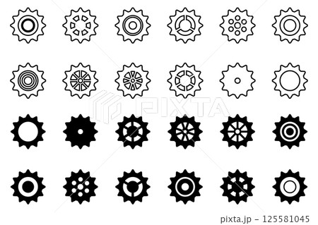 Gears icon set. Setting gears icon. Collection of mechanical cogwheels. White background. Vector illustration with black sprocket sign icons design element. Gears icon set. Setting gears icon. Collection of mechanical cogwheels. White background. Vector illustration with black sprocket sign icons design element. 125581045