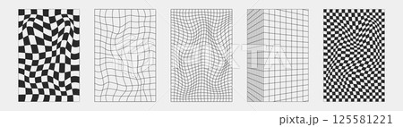 Abstract wireframes, cyberpunk elements and perspective black grids and spheres. Surreal geometric retro futuristic set. Psychedelic y2k shapes. Rave vector elements and signs in trendy psychedelic. 125581221