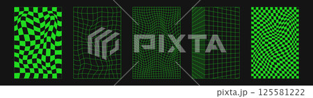 Abstract wireframes, cyberpunk elements and perspective green grids and spheres. Surreal geometric retro futuristic set. Psychedelic y2k shapes. Rave vector elements and signs in trendy psychedelic. 125581222