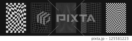 Abstract wireframes, cyberpunk elements and perspective white grids or spheres. Surreal geometric retro futuristic set. Psychedelic y2k shapes. Rave vector elements and signs in trendy psychedelic. 125581223