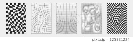 Abstract wireframes, cyberpunk elements and perspective black grids and spheres. Surreal geometric retro futuristic set. Psychedelic y2k shapes. Rave vector elements and signs in trendy psychedelic. 125581224