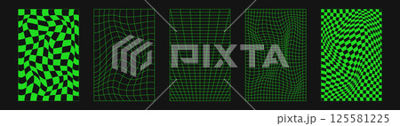 Abstract wireframes, cyberpunk elements and perspective green grids and spheres. Surreal geometric retro futuristic set. Psychedelic y2k shapes. Rave vector elements and signs in trendy psychedelic. 125581225