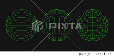 Abstract wireframes, cyberpunk elements and perspective green grids on a spheres. Psychedelic y2k shapes. Rave vector elements or trendy psychedelic signs. Surreal geometric retro futuristic set. 125581227
