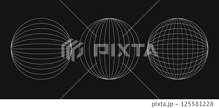 Abstract wireframes, cyberpunk elements and perspective white grids on a spheres. Psychedelic y2k shapes. Rave vector elements or trendy psychedelic signs. Surreal geometric retro futuristic set. 125581228
