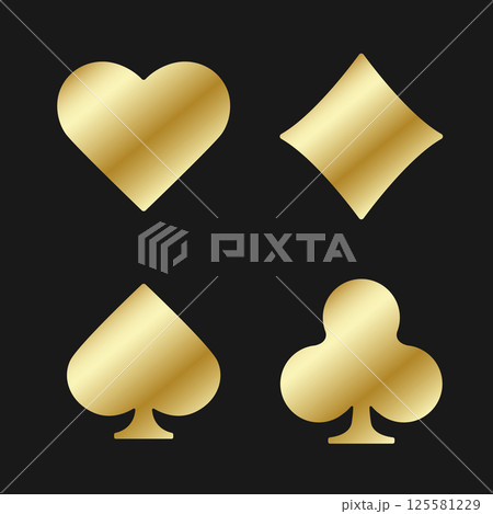 Set collection golden gambling sign symbol of playing card suits and chips for poker and casino. Hearts, clubs, diamonds and spades on black background. 125581229