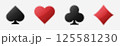 Set collection gambling sign symbol of playing card suits and chip or token for poker and casino. Hearts, clubs, diamonds and spades on an isolated white background. 125581230