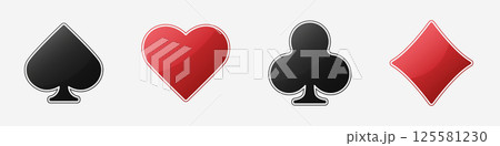 Set collection gambling sign symbol of playing card suits and chip or token for poker and casino. Hearts, clubs, diamonds and spades on an isolated white background. 125581230