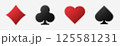 Set collection gambling sign symbol of playing card suits and chip or token for poker and casino. Hearts, clubs, diamonds and spades on an isolated white background. 125581231