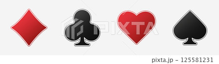 Set collection gambling sign symbol of playing card suits and chip or token for poker and casino. Hearts, clubs, diamonds and spades on an isolated white background. 125581231