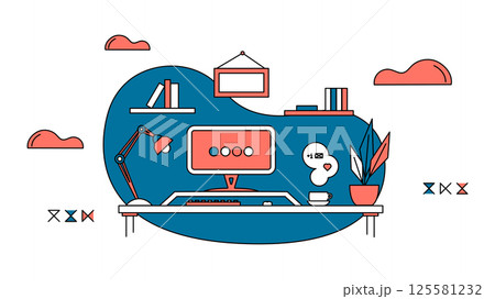 Freelancer organization concept. Home workplace. Benefits of remote work, limitations and workflow. Scene of work organization and home workflow improvement. Abstract vector business concept. 125581232