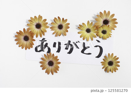 オレンジ色の花で装飾したありがとうのメッセージ 125581270