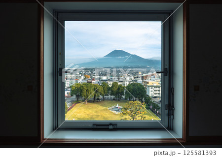 View of Fuji cityscape with Fuji mt. in the morning through window 125581393