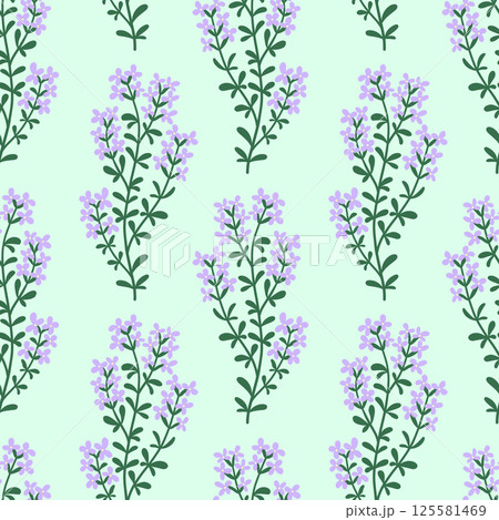 Blooming Lavender Seamless Pattern with Flower Branches on Light Green Background. Cute Spring Floral Design for Fabric, Wrapping Paper, Textile or Packaging Blooming Lavender Seamless Pattern with Flower Branches on Light Green Background. Cute Spring Floral Design for Fabric, Wrapping Paper, Textile or Packaging 125581469